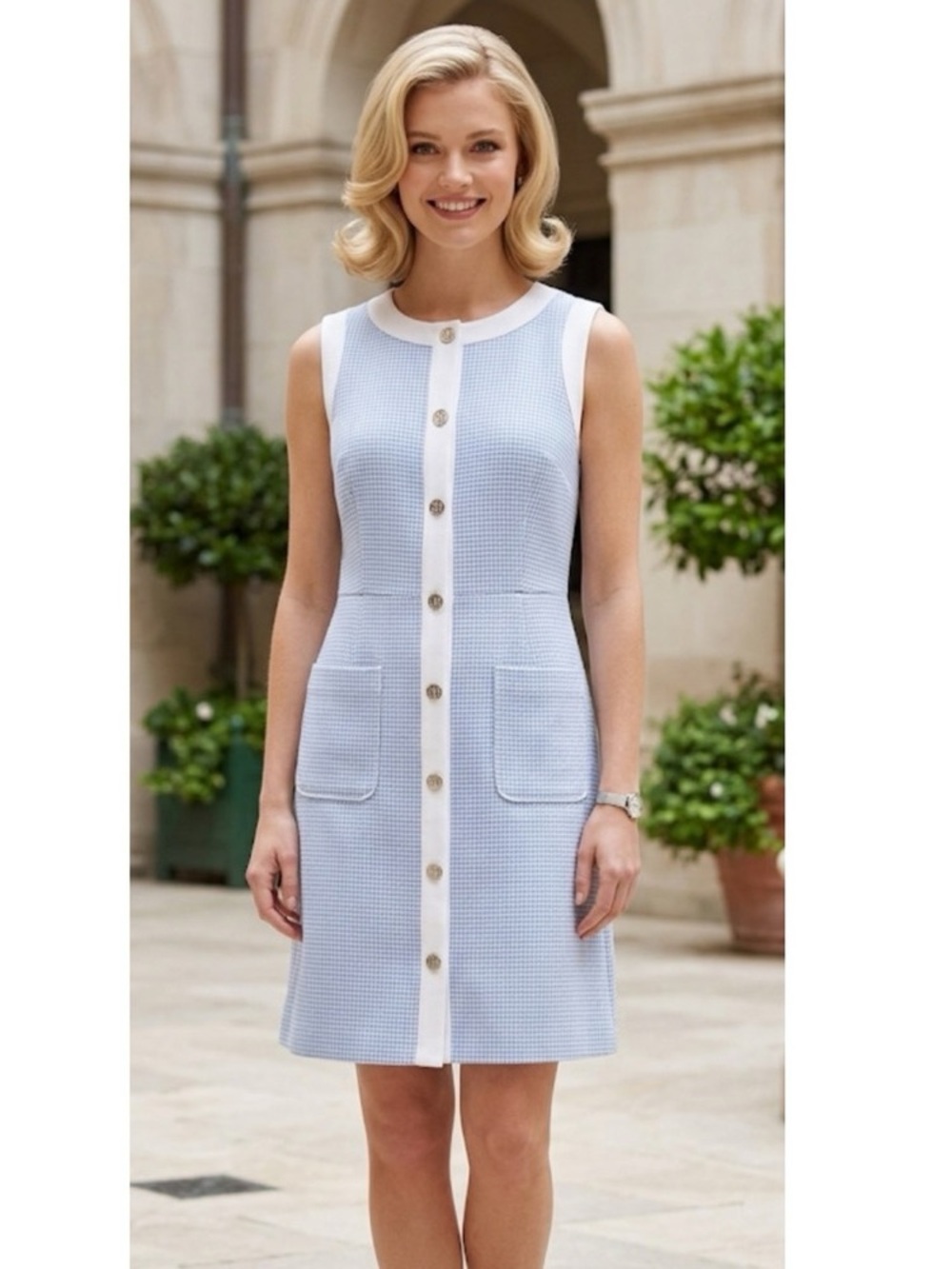 Tommy Hilfiger Blue Houndstooth Sleeveless Knit Sheath Dress Size 16 Like New